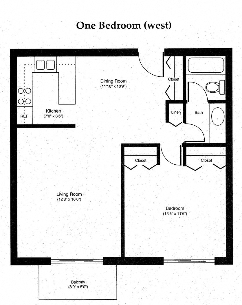 Floor plan for 1 bed, 1 bath, 756 sqft